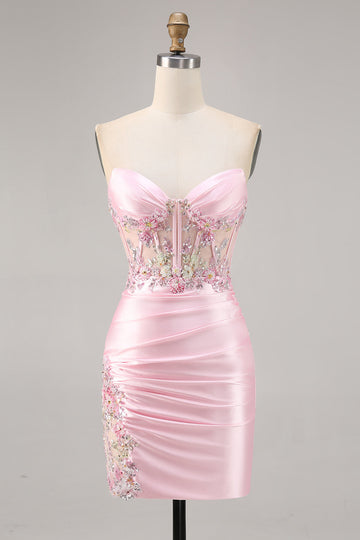 Godis Rosa Satin Bodycon Kort Korsett Homecoming Klänning med Applique